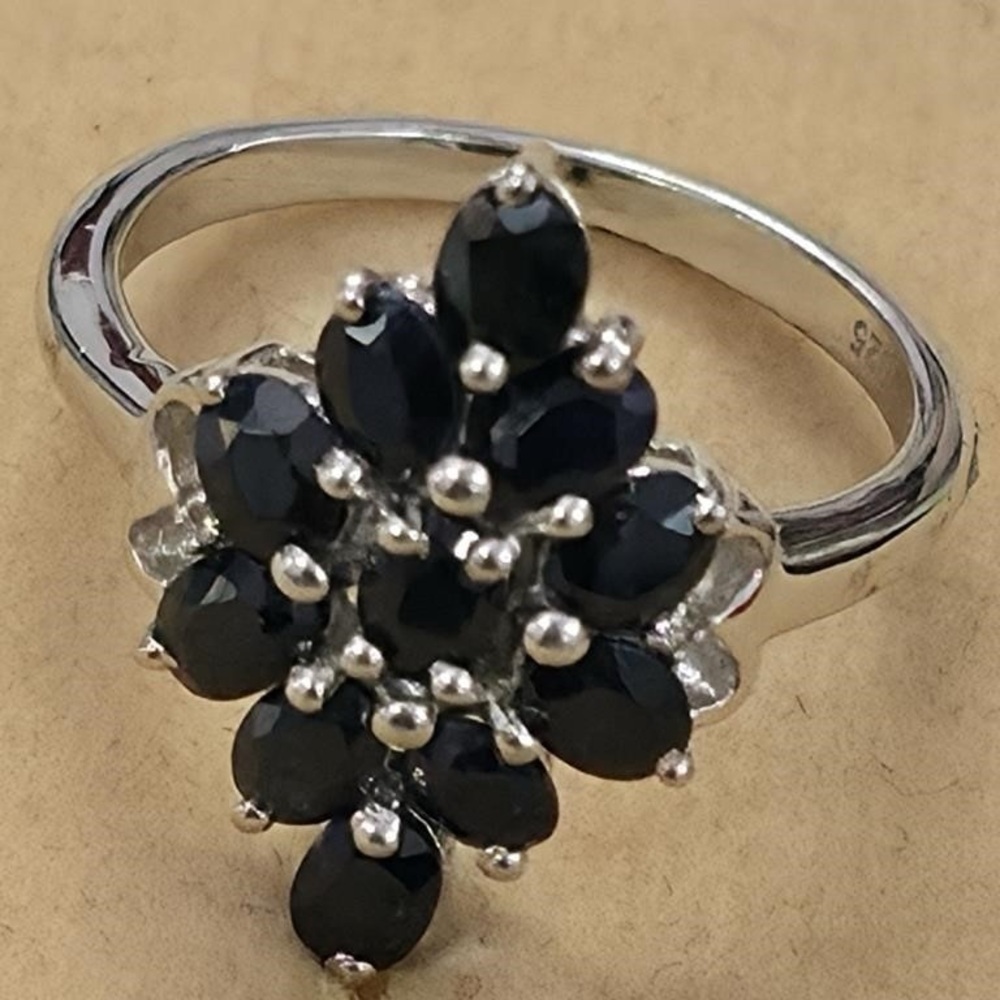Sterling Silver 925 Blue Sapphire Cluster Ring 1.65 CTW Rhodium Plated Size 7